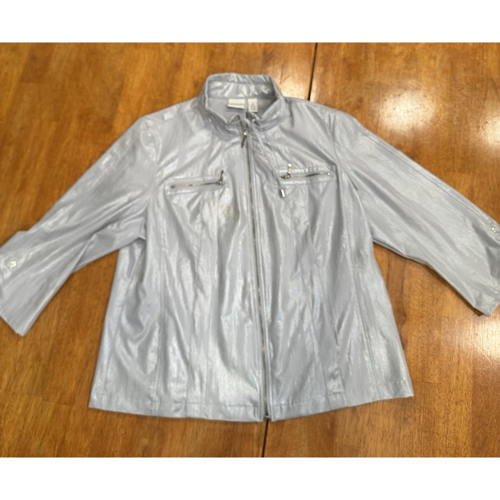 Chico's Zenergy Size 2 L Metallic Silver Zip Front Stretch Jacket Lightweight